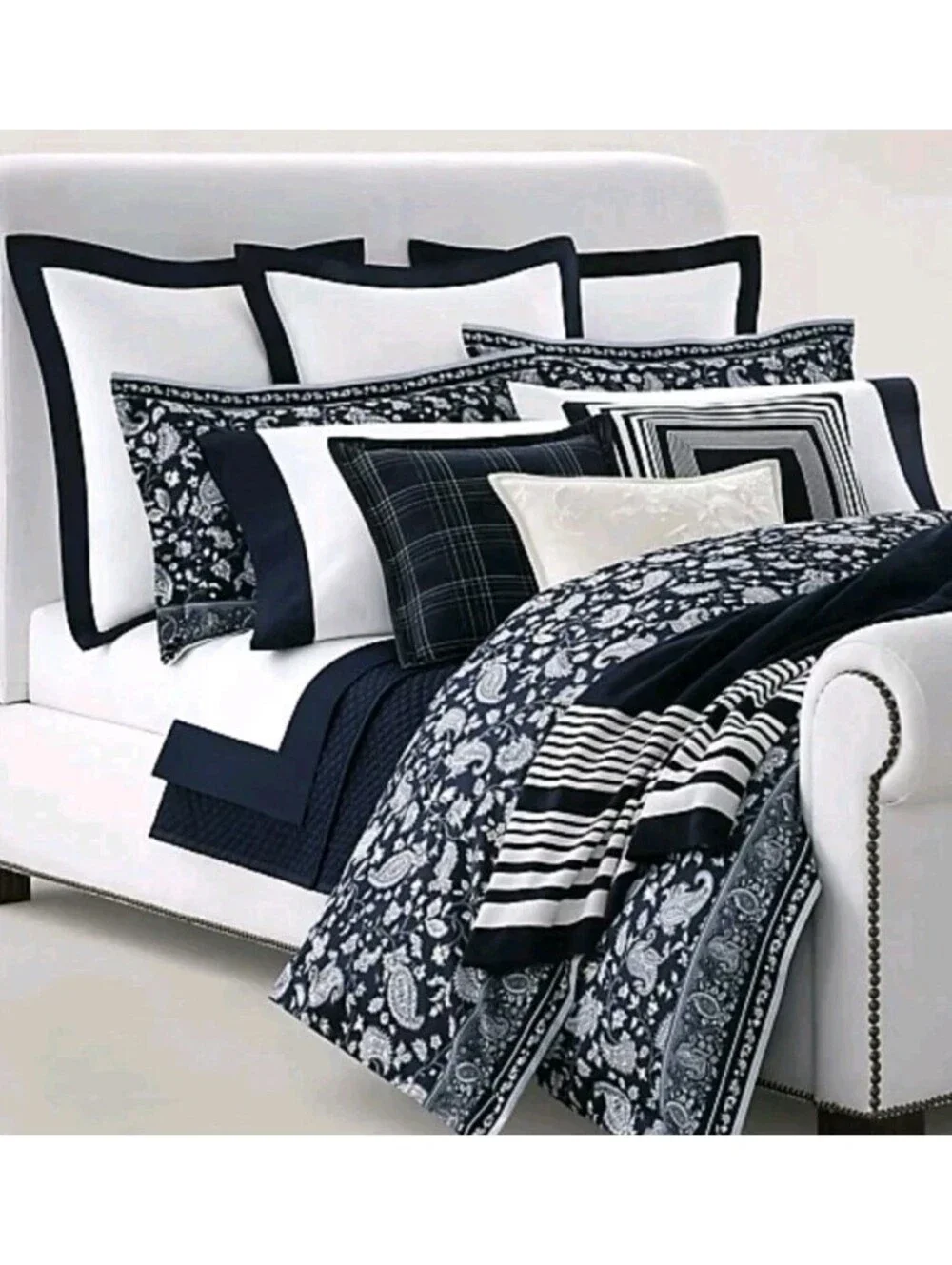 Lot 2 NEW Ralph Lauren RL Organic Sateen Border European Shams 26x26” Polo Navy